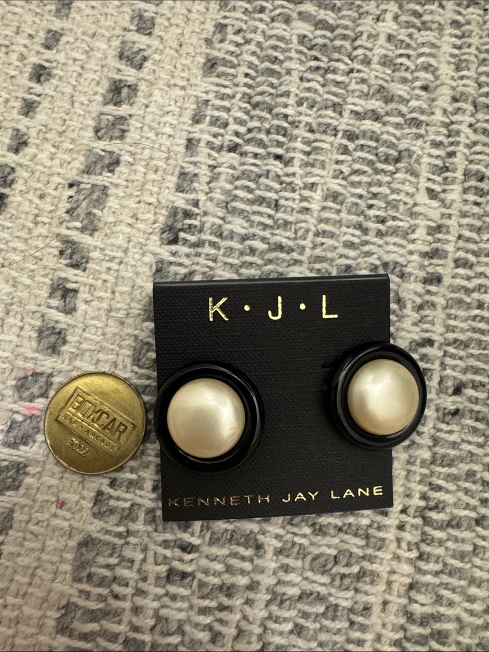 Kenneth Jay Lane Black and Cream Round Button Earrings - Picture 2 of 2